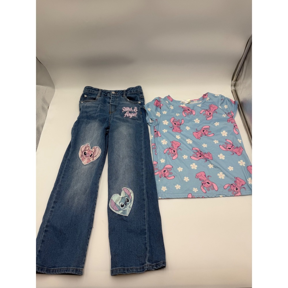 Disney Stitch and Angel Girls Outfit Set Blue Graphic Tee and Patch Jeans